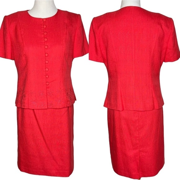 Y2K Koret Coral Red Retro Knee Length Skirt Short Sleeve Blazer Suit Set Size 8P